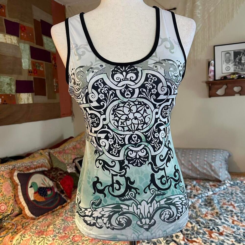 So Sporty Blue and Black Tattoo Print Athletic Tank Top